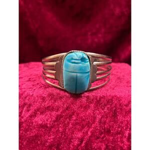 Vintage Costume Jewelry - Chunky Cuff Bracelet - Egyptian Revival Blue Scarab